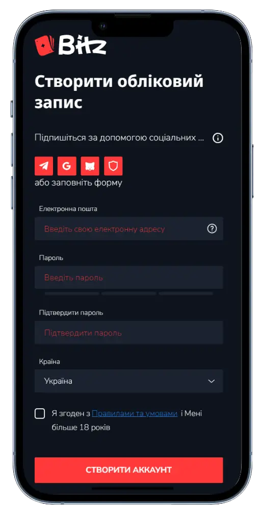 Мобільна форма реєстрації Bitz Casino з полями для заповнення та кнопкою створення акаунту